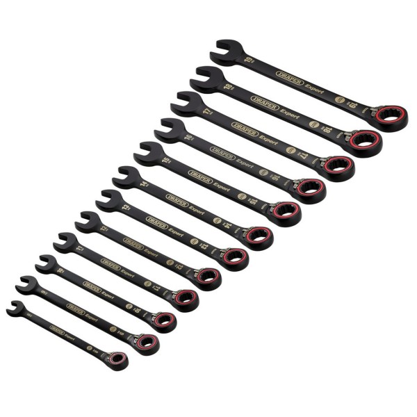 Draper Expert HI-TORQ® Metric Reversible Ratchet Combination Spanner Set, Black (12 Piece) (03912) Draper Expert HI-TORQ® Metric Reversible Ratchet Combination Spanner Set, Black (12 Piece) (03912)