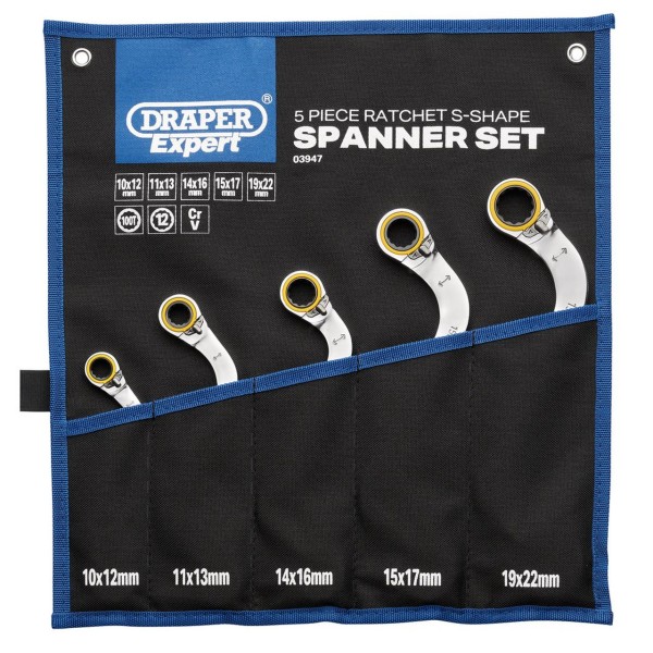 Draper Expert HI-TORQ® Double Ring Reversible Ratchet S-Shape Spanner Set (5 Piece) (03947) Draper Expert HI-TORQ® Double Ring Reversible Ratchet S-Shape Spanner Set (5 Piece) (03947)