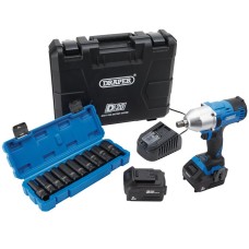 Draper D20 20V Brushless Mid-Torque Impact Wrench Kit, 1/2" Sq. Dr, 400Nm, & Metric Deep Impact Socket Set (10 Piece) (04791)
