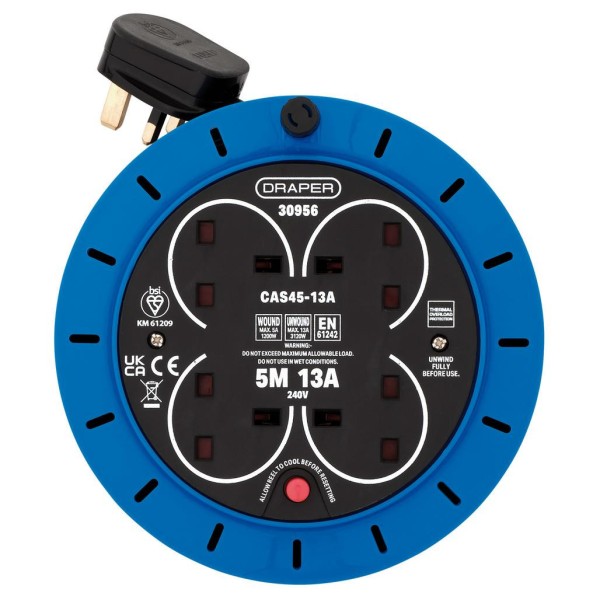Draper 230V 13A 4 Socket Cassette Extension Cable Reel, 5m (30956) Draper 230V 13A 4 Socket Cassette Extension Cable Reel, 5m (30956)