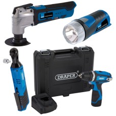 Draper 10.8V / 12V Compact Power Tool Bundle - Multi-Tool, Mini Torch, Ratchet & Drill Driver (32856)