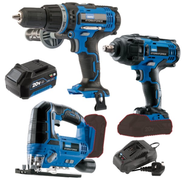 Draper 20V Power Tool Bundle – Combi Drill, Jigsaw, 400Nm Impact Wrench, 4.0Ah Battery & Fast Charger (34712) Draper 20V Power Tool Bundle – Combi Drill, Jigsaw, 400Nm Impact Wrench, 4.0Ah Battery & Fast Charger (34712)