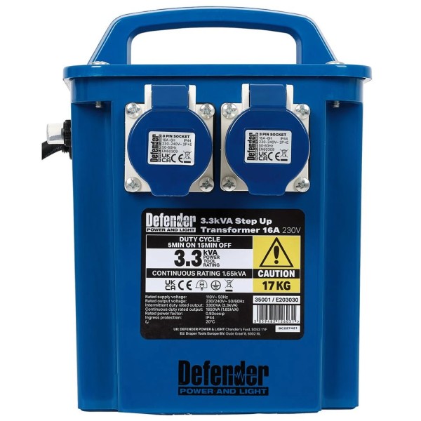 Defender E203030 3.3kVA 230V Step Up Transformer, 16A (35001) Defender E203030 3.3kVA 230V Step Up Transformer, 16A (35001)