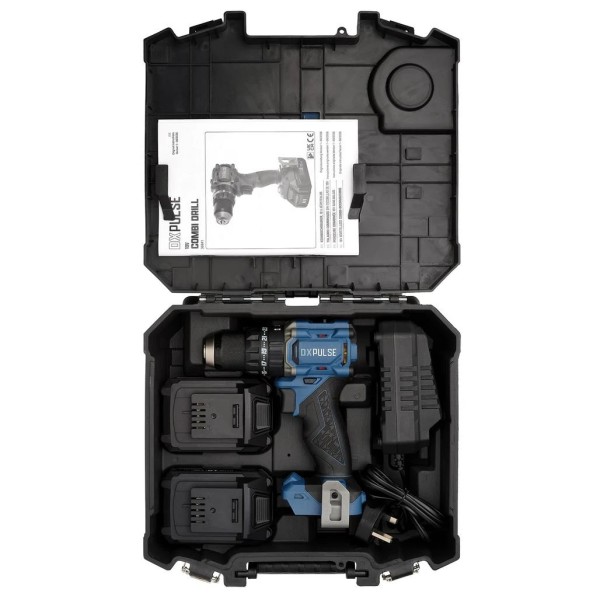 DXPULSE DX18 by Draper 18V Brushless Combi Drill Kit with 2 x 2Ah Battery and 74pc Accessories (39660) DXPULSE DX18 by Draper 18V Brushless Combi Drill Kit with 2 x 2Ah Battery and 74pc Accessories (39660)