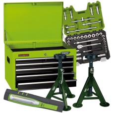 Draper 'Go All Green' Workshop Bundle - 5 Drawer Tool Chest, Socket Set, Inspection Lamp & Axle Stands (40496)