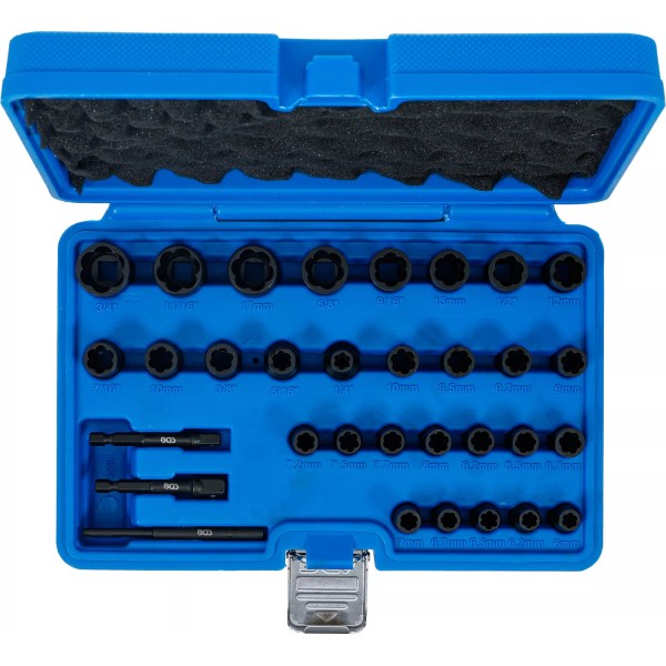 BGS Technic Twist Socket Set (Spiral Profile) / Screw Extractor | 6.3 mm (1/4") / 10 mm (3/8") Drive | Metric and Inch Sizes | 32 pcs. BGS Technic Twist Socket Set (Spiral Profile) / Screw Extractor | 6.3 mm (1/4") / 10 mm (3/8") Drive | Metric and Inch Sizes | 32 pcs.