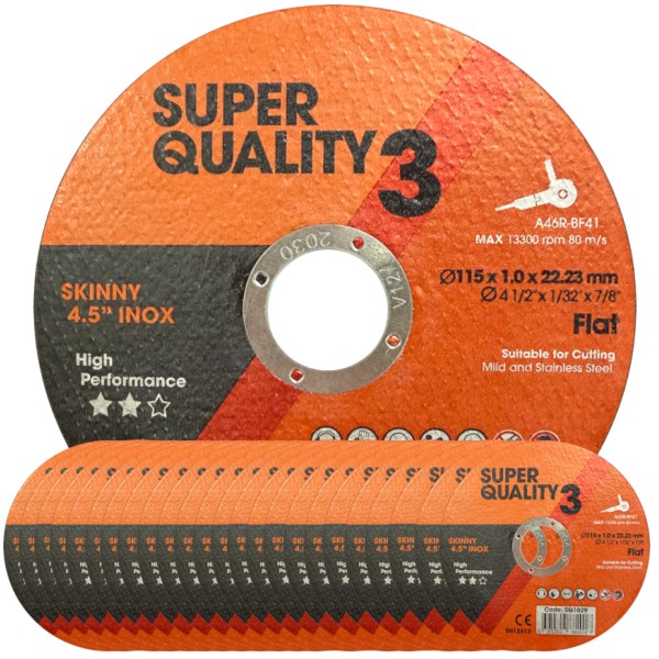 Super Quality 3 Flat Stainless Steel Cutting Disc 4½ Inch (115mm x 1.0mm x 22mm) PACK OF 25 Super Quality 3 Flat Stainless Steel Cutting Disc 4½ Inch (115mm x 1.0mm x 22mm) PACK OF 25