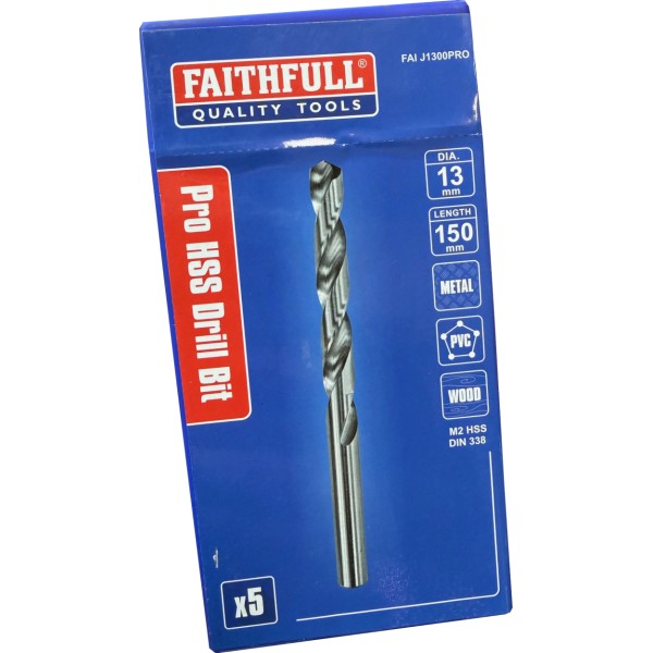 Faithfull Professional HSS Jobber Drill Bit Loose 13.00mm OL:150mm WL:98mm PACK OF FIVE Faithfull Professional HSS Jobber Drill Bit Loose 13.00mm OL:150mm WL:98mm PACK OF FIVE