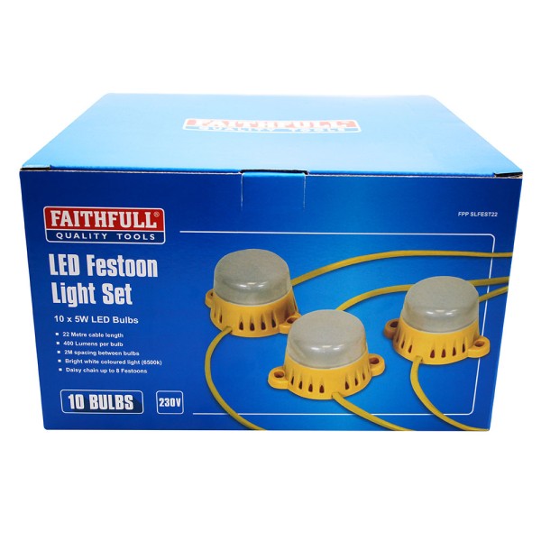 Faithfull Festoon Lights 10 x 5W LED Bulbs 22M 240v Faithfull Festoon Lights 10 x 5W LED Bulbs 22M 240v