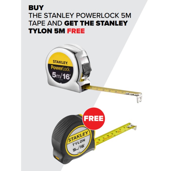 Stanley BUY ONE PowerLock Classic Pocket Tape 5m/16ft And GET ONE 5m Tylon Pocket Tape FREE! Stanley BUY ONE PowerLock Classic Pocket Tape 5m/16ft And GET ONE 5m Tylon Pocket Tape FREE!