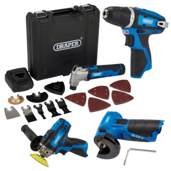 Draper 12V Power Tool Kit – Multi-Tool, Drill, Polisher & Angle Grinder Combo (32790) Draper 12V Power Tool Kit – Multi-Tool, Drill, Polisher & Angle Grinder Combo (32790)