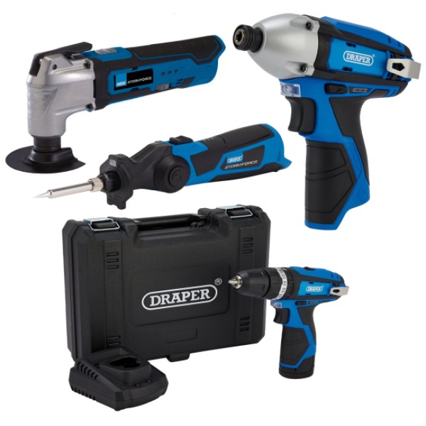 Draper 12V & 10.8V Power Tool Starter Bundle – Drill, Multi-Tool, Soldering Iron & Driver Combo (32791) Draper 12V & 10.8V Power Tool Starter Bundle – Drill, Multi-Tool, Soldering Iron & Driver Combo (32791)