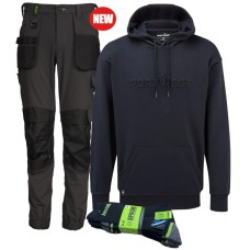 Apache YELLOWKNIFE 4 Way Stretch Trouser + Portwest Navy Hoodie + 3 Pack Socks Bundle