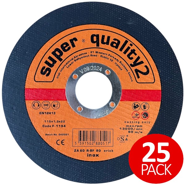 Super Quality 2 Flat Stainless Steel Cutting Disc 4½ Inch (115 x 1.0 x 22mm) PACK OF 25 Super Quality 2 Flat Stainless Steel Cutting Disc 4½ Inch (115 x 1.0 x 22mm) PACK OF 25