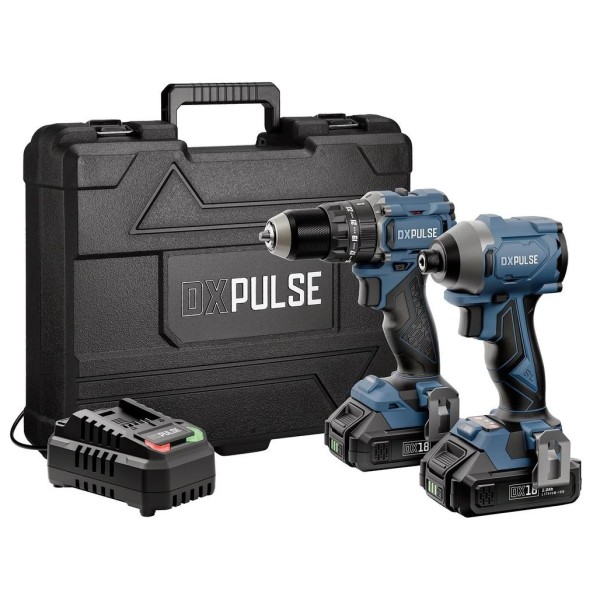 DXPULSE DX18 by Draper 18V Brushless Combi and Impact Wrench Twin Kit with Drill Accessories, 2.4A Charger, 2 x 2.0Ah Battery, and Carry Case (39658) DXPULSE DX18 by Draper 18V Brushless Combi and Impact Wrench Twin Kit with Drill Accessories, 2.4A Charger, 2 x 2.0Ah Battery, and Carry Case (39658)