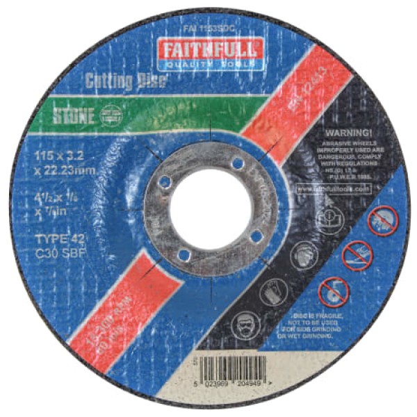 Faithfull Depressed Centre Stone Cut Off Disc 115 x 3.2 x 22mm Faithfull Depressed Centre Stone Cut Off Disc 115 x 3.2 x 22mm