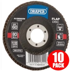 Draper Aluminium Oxide Flap Discs, 115 x 22.23mm, 60 Grit (Pack of 10) (83067)