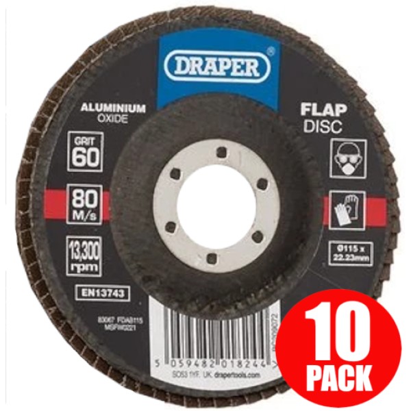 Draper Aluminium Oxide Flap Discs, 115 x 22.23mm, 60 Grit (Pack of 10) (83067) Draper Aluminium Oxide Flap Discs, 115 x 22.23mm, 60 Grit (Pack of 10) (83067)