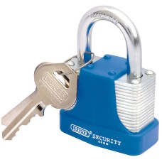 Draper 44mm Laminated Steel Padlock and 2 Keys with Hardened Steel Shackle and Bumper