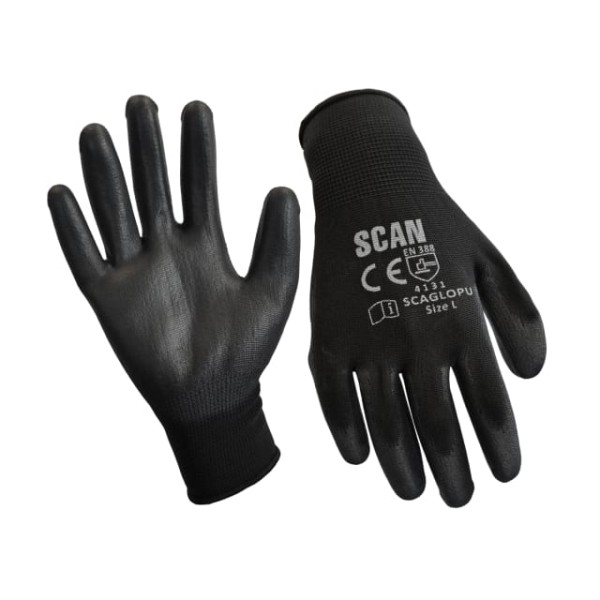 Scan Black PU Coated Gloves Size 9 (L) (Pack of 12) Scan Black PU Coated Gloves Size 9 (L) (Pack of 12)