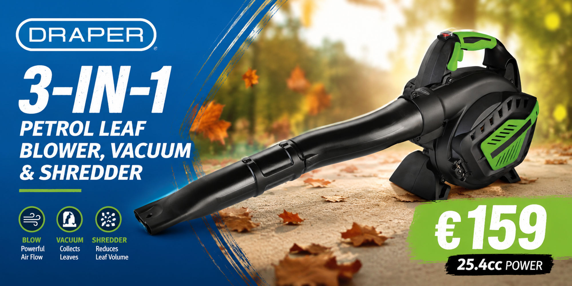 Draper 3-in-1 Petrol Leaf Blower Vacuum & Shredder 25.4cc 