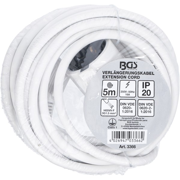 BGS Technic Extension Cord | 5 m | 3 x 1.5 mm² | IP 20 BGS Technic Extension Cord | 5 m | 3 x 1.5 mm² | IP 20