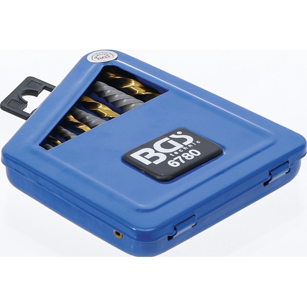 BGS Technic Screw Extractor & Left Cutting Drill Set | HSS | titanium nitrated | 2 - 7.5 mm | 10 pcs. BGS Technic Screw Extractor & Left Cutting Drill Set | HSS | titanium nitrated | 2 - 7.5 mm | 10 pcs.