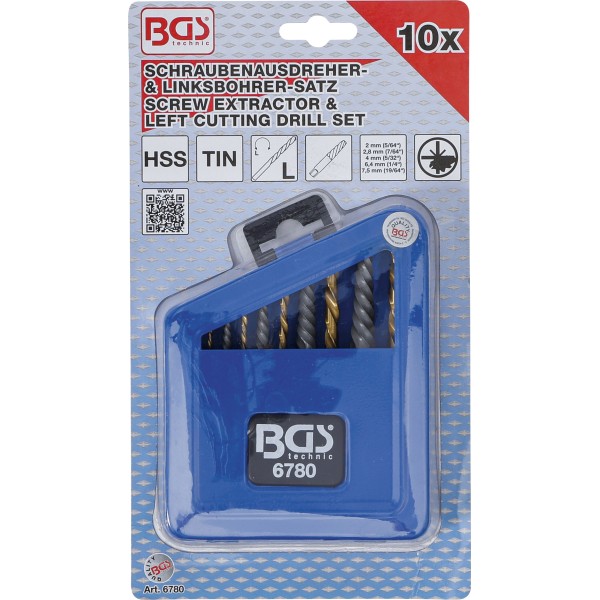 BGS Technic Screw Extractor & Left Cutting Drill Set | HSS | titanium nitrated | 2 - 7.5 mm | 10 pcs. BGS Technic Screw Extractor & Left Cutting Drill Set | HSS | titanium nitrated | 2 - 7.5 mm | 10 pcs.