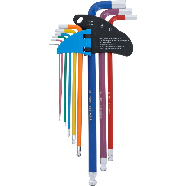 BGS Technic L-Type Wrench Set | Multicolour | extra long | internal Hexagon, internal Hexagon with Ball Head 1.5 - 10 mm | 9 pcs. BGS Technic L-Type Wrench Set | Multicolour | extra long | internal Hexagon, internal Hexagon with Ball Head 1.5 - 10 mm | 9 pcs.