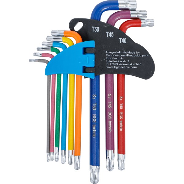 BGS Technic L-Type Wrench Set | Multicolour | T-Star tamperproof (for Torx) with Ball Head T10 - T50 | 9 pcs. BGS Technic L-Type Wrench Set | Multicolour | T-Star tamperproof (for Torx) with Ball Head T10 - T50 | 9 pcs.