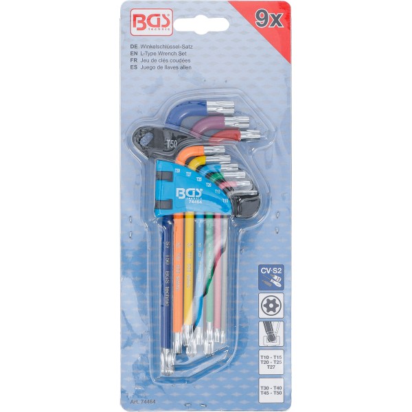 BGS Technic L-Type Wrench Set | Multicolour | T-Star tamperproof (for Torx) with Ball Head T10 - T50 | 9 pcs. BGS Technic L-Type Wrench Set | Multicolour | T-Star tamperproof (for Torx) with Ball Head T10 - T50 | 9 pcs.