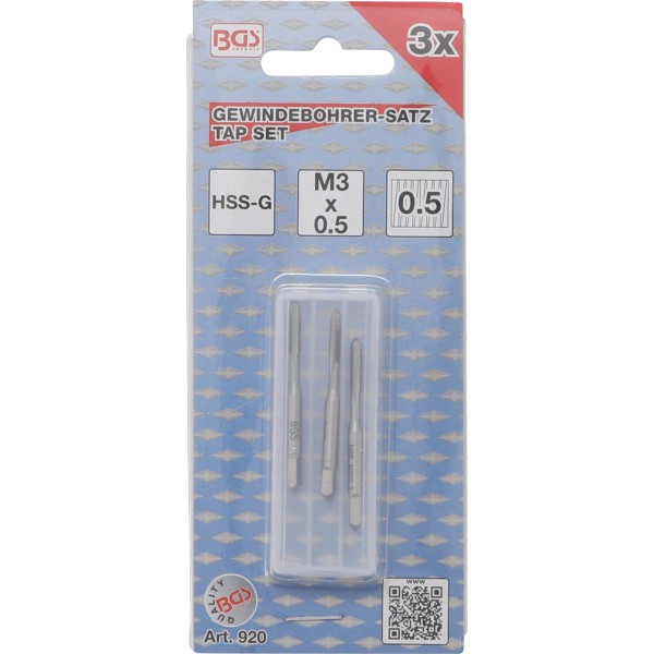 BGS Technic Tap Set | Starter. Plug. Bottoming Tap | HSS-G | M3 x 0.5 | 3 pcs. BGS Technic Tap Set | Starter. Plug. Bottoming Tap | HSS-G | M3 x 0.5 | 3 pcs.