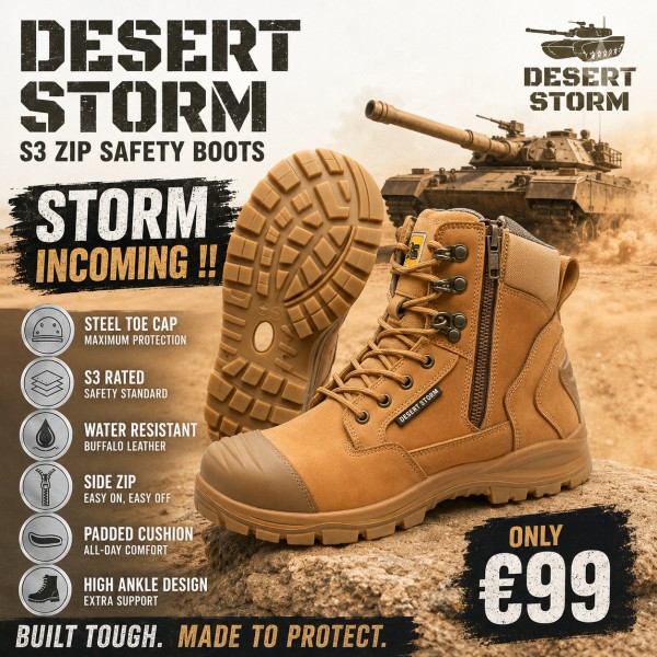 Desert Storm S3 Zip Safety Boots - Steel Toe Water Resistant Work Boots (YKK Heavy Duty Zip) Desert Storm S3 Zip Safety Boots - Steel Toe Water Resistant Work Boots (YKK Heavy Duty Zip)