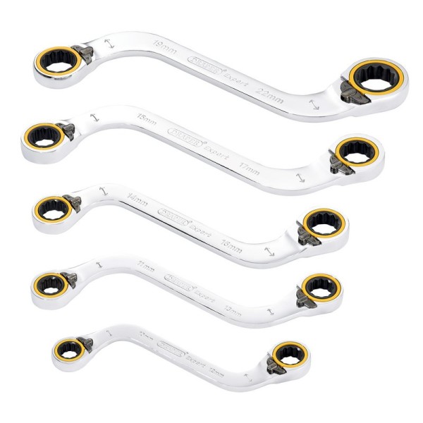 Draper Expert HI-TORQ® Double Ring Reversible Ratchet S-Shape Spanner Set (5 Piece) (03947) Draper Expert HI-TORQ® Double Ring Reversible Ratchet S-Shape Spanner Set (5 Piece) (03947)