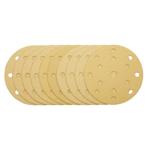 Draper 150mm Gold Sanding Discs with Hook & Loop 120 Grit - 15 Dust Extraction Holes (Pack of 10) Draper 150mm Gold Sanding Discs with Hook & Loop 120 Grit - 15 Dust Extraction Holes (Pack of 10)