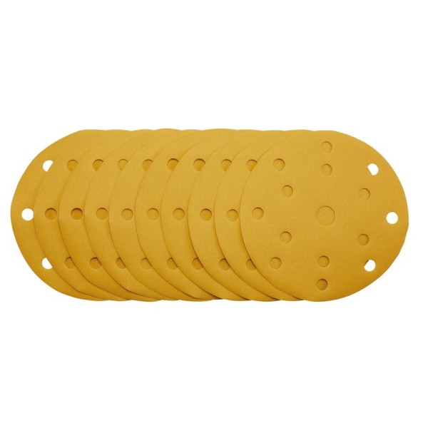 Draper 150mm Gold Sanding Discs with Hook & Loop 320 Grit - 15 Dust Extraction Holes (Pack of 10) Draper 150mm Gold Sanding Discs with Hook & Loop 320 Grit - 15 Dust Extraction Holes (Pack of 10)