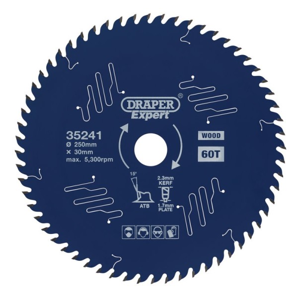 Draper EXPERT TCT Circular Saw Blade for Wood with PTFE Coating 250 x 30mm (60T)  Draper EXPERT TCT Circular Saw Blade for Wood with PTFE Coating 250 x 30mm (60T)