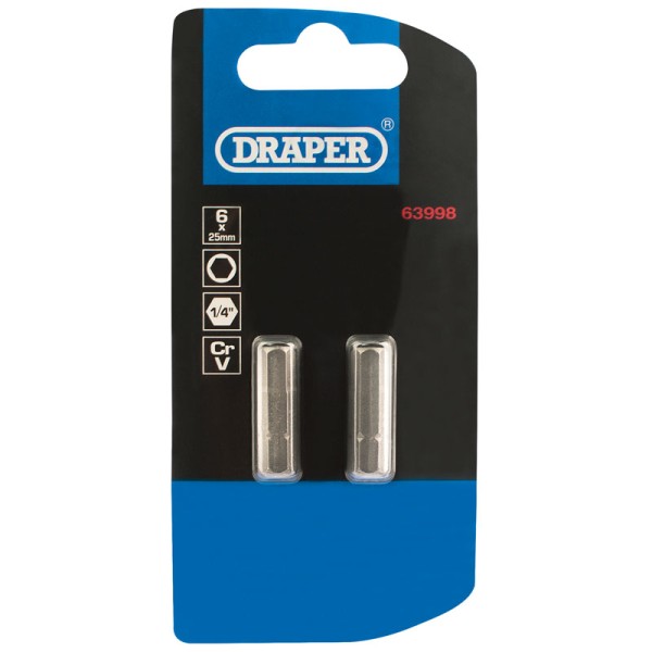 Draper 6mm 1/4" Hex Hexagonal Insert Bit 25mm Long X 2 Draper 6mm 1/4" Hex Hexagonal Insert Bit 25mm Long X 2