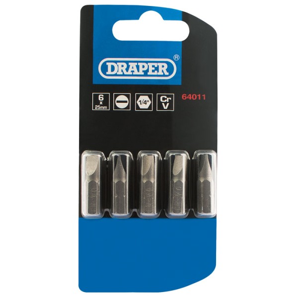 Draper 6mm 1/4" Hex Plain Slot Insert Bit 25mm Long X 5 Draper 6mm 1/4" Hex Plain Slot Insert Bit 25mm Long X 5