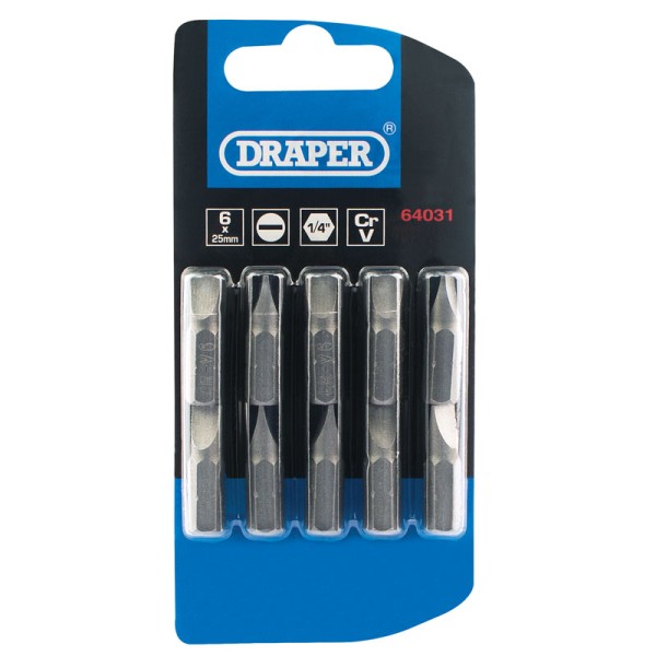 Draper 6mm 1/4" Hex Plain Slot Insert Bit 25mm Long X 10 Draper 6mm 1/4" Hex Plain Slot Insert Bit 25mm Long X 10