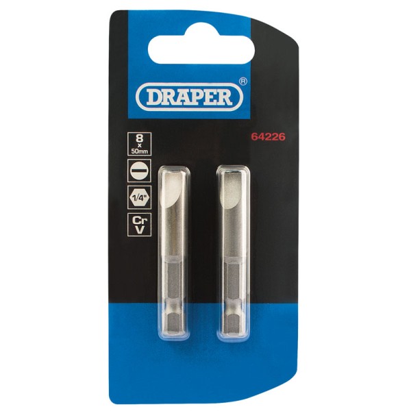 Draper 8mm 1/4" Hex Plain Slot Insert Bit 50mm Long X 2 Draper 8mm 1/4" Hex Plain Slot Insert Bit 50mm Long X 2