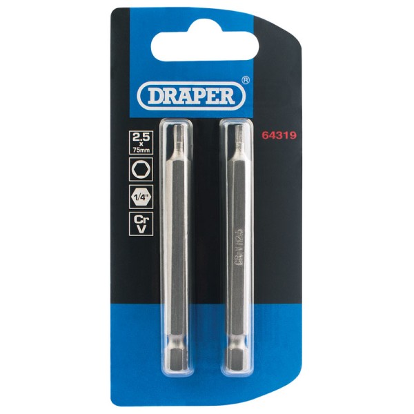 Draper 2.5mm 1/4" Hex Hexagonal Insert Bit 75mm Long X 2 Draper 2.5mm 1/4" Hex Hexagonal Insert Bit 75mm Long X 2