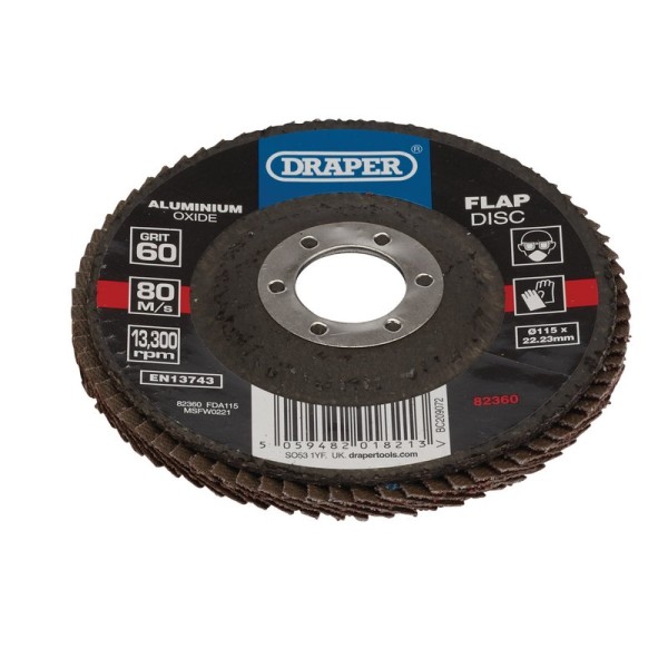 Draper 115 x 22.23mm Aluminium Oxide Flap Disc - 60 Grit Draper 115 x 22.23mm Aluminium Oxide Flap Disc - 60 Grit