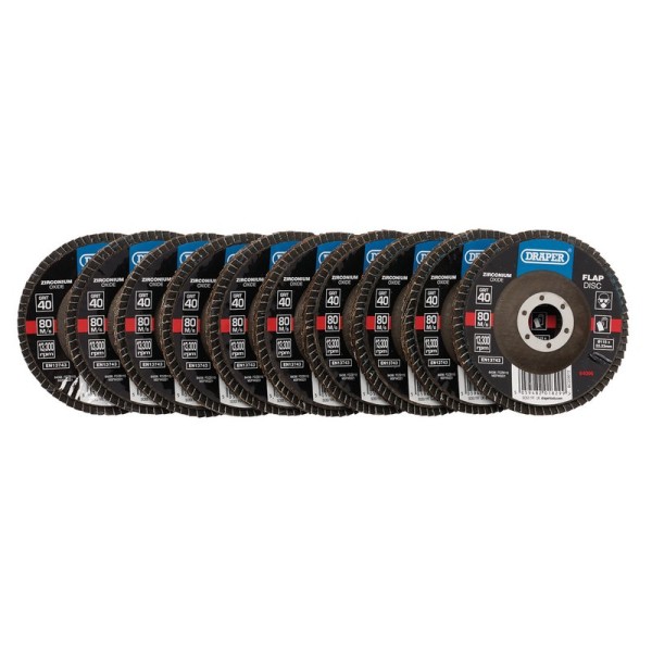 Draper 115mm x 22.23mm Zirconium Oxide Flap Discs - 40 Grit (Pack of 10) Draper 115mm x 22.23mm Zirconium Oxide Flap Discs - 40 Grit (Pack of 10)