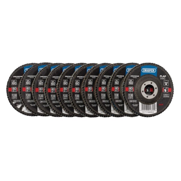 Draper 115 x 22.23mm Zirconium Oxide Flap Discs - 60 Grit (Pack of 10) Draper 115 x 22.23mm Zirconium Oxide Flap Discs - 60 Grit (Pack of 10)