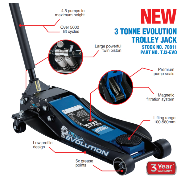 Draper EVOLUTION 3 Tonne Superior Trolley Jack 70811 TJ3-EVO Draper EVOLUTION 3 Tonne Superior Trolley Jack 70811 TJ3-EVO