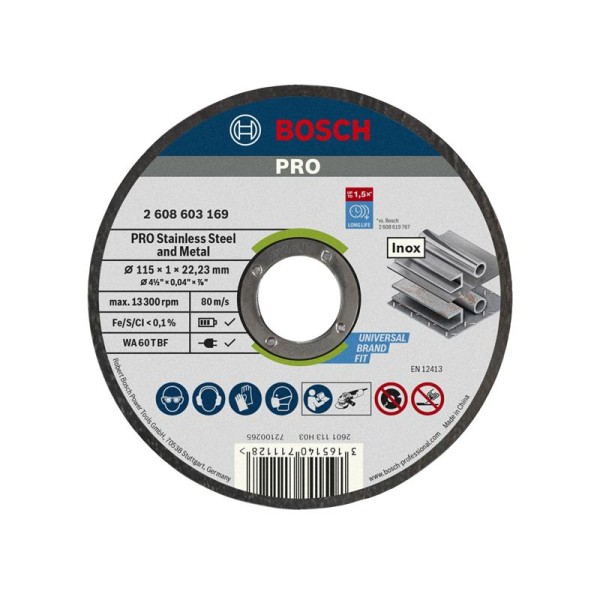 Bosch Powertool Accessories PRO Stainless Steel and Metal Bonded Cutting Disc 115 x 1.0 x 22.23mm Bosch Powertool Accessories PRO Stainless Steel and Metal Bonded Cutting Disc 115 x 1.0 x 22.23mm