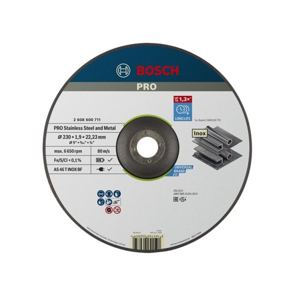 Bosch Powertool Accessories PRO Stainless Steel & Metal Bonded Cutting Disc, Depressed Centre 230 x 22.23mm Bosch Powertool Accessories PRO Stainless Steel & Metal Bonded Cutting Disc, Depressed Centre 230 x 22.23mm