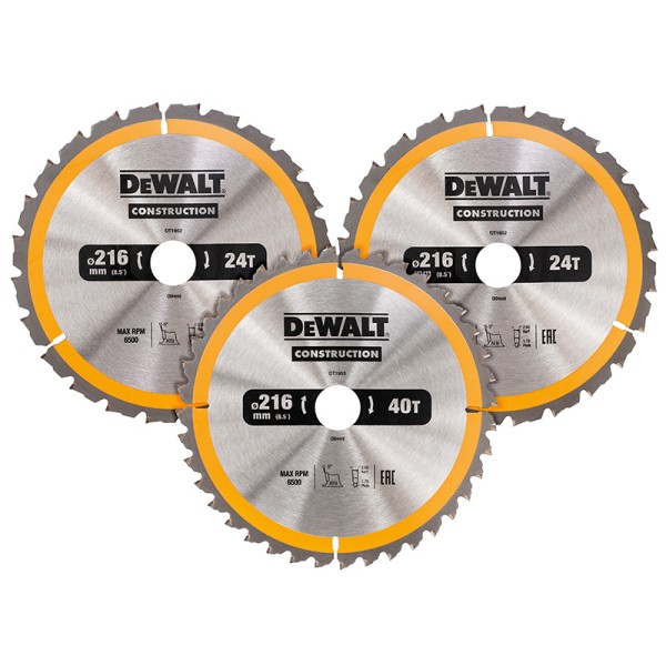 DEWALT DT1962 Construction Circular Saw Blade 3 Pack 216 x 30mm 2 x 24T 1 x 40T DEWALT DT1962 Construction Circular Saw Blade 3 Pack 216 x 30mm 2 x 24T 1 x 40T