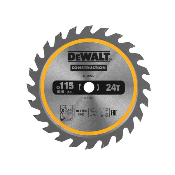 DEWALT DT20420 TCT Construction Circular Saw Blade 115 x 9.5mm x 24T DEWALT DT20420 TCT Construction Circular Saw Blade 115 x 9.5mm x 24T